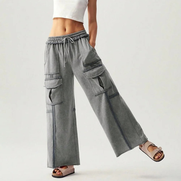 Pants - Dark Grey Casual Women's Vacation Knitted Pleated Pocket Palazzo Pants